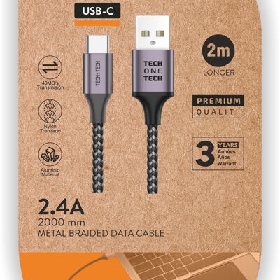 Cable Nylon gris 2m  (USB-A a USB-C) 2,4A