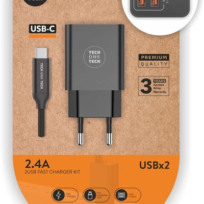 Cargador doble negro+Cable Nylon USB-C 2,4A