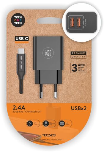 Double chargeur noir + câble nylon USB-C 2,4A