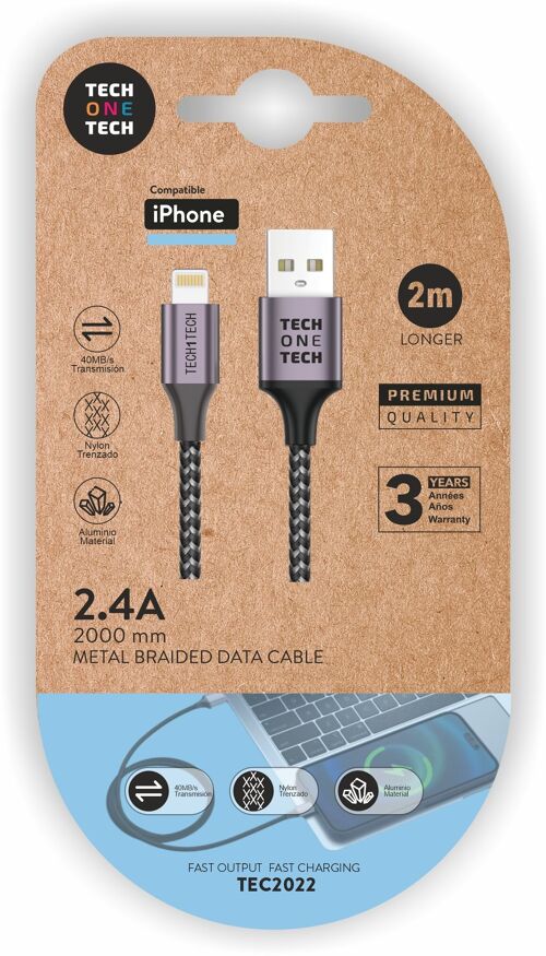 Cable Nylon gris 2m (USB-A a Lightning/Apple) 2,4A