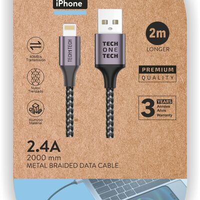 Cable Nylon gris 2m (USB-A a Lightning/Apple) 2,4A