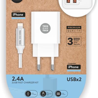 Chargeur double blanc + Câble Nylon Lightn/Apple 2.4