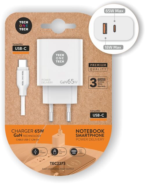 Cargador Notebook/móvil 65W GaN PD + Cable 1,2M 5A