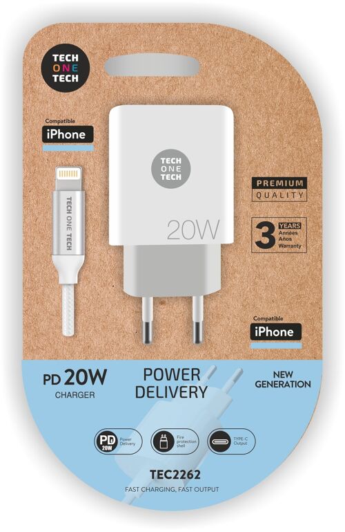 Cargador PD 20W + cable Lightning-Apple blanco