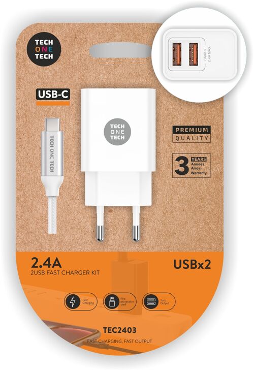 Cargador doble blanco+Cable Nylon USB-C 2,4A