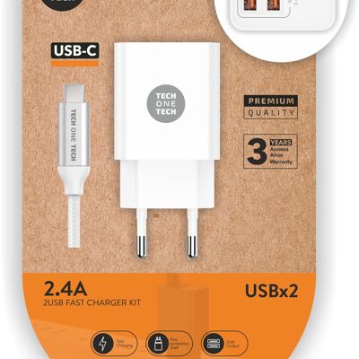 Chargeur double blanc + Câble Nylon USB-C 2,4A