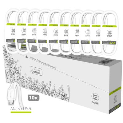 PACK Épargne de 10 Câbles BSK Micro-USB 2.4A Blancs