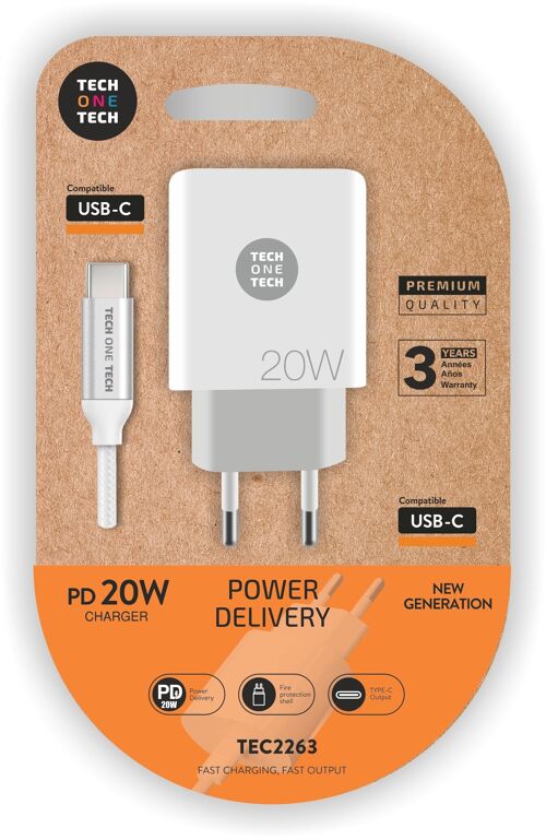 Cargador PD 20W + cable USB-C blanco