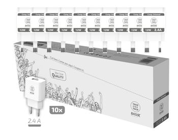 PACK Épargne de 10 chargeurs blancs BSK 2,4A (USB-A)