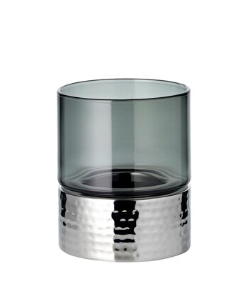 Bougeoir Cosmo (hauteur 13 cm), verre foncé, martelé, acier inoxydable, poli 2