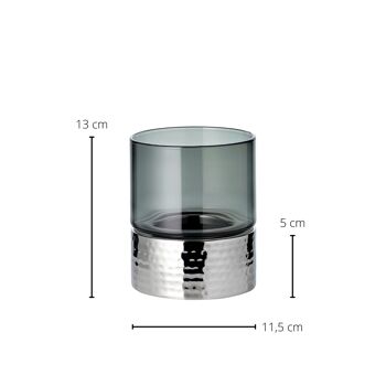Bougeoir Cosmo (hauteur 13 cm), verre foncé, martelé, acier inoxydable, poli 4