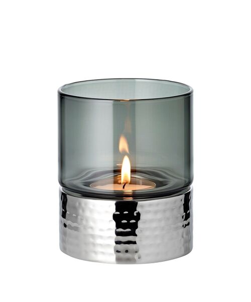 Kerzenleuchter Cosmo (Höhe 13 cm), dunkles Glas, gehämmert, Edelstahl, hochglanzpoliert