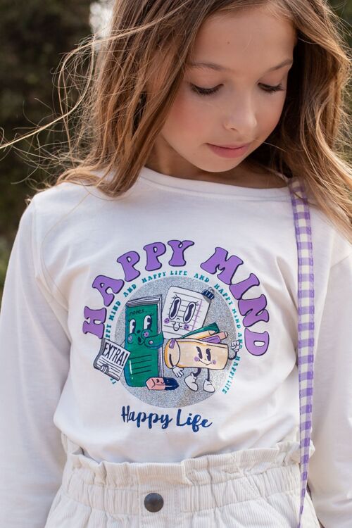 Girl's t-shirt in ecru color and purple drawing Ref: 86765