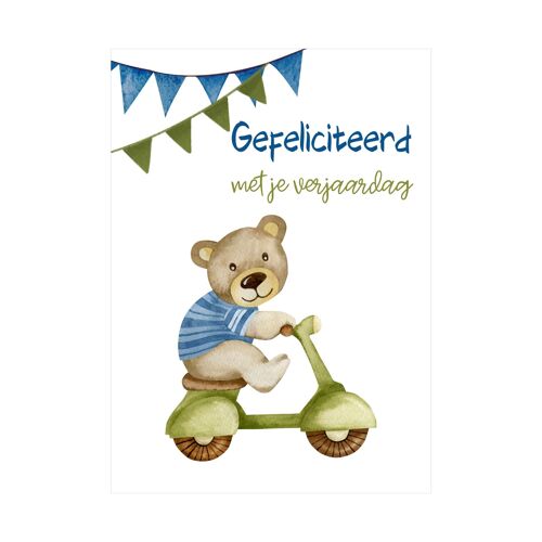 Postcard - Happy Birthday - Bear on scooter - Card for children