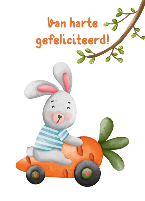 Postcard - Congratulations - Rabbit on carrot car - Children's card