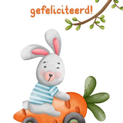 Cartolina - Congratulazioni - Coniglio sulla macchina delle carote - Cartolina per bambini