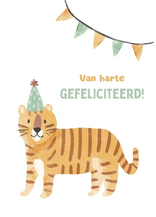 Postcard - Congratulations - Tiger with party hat - Children's card