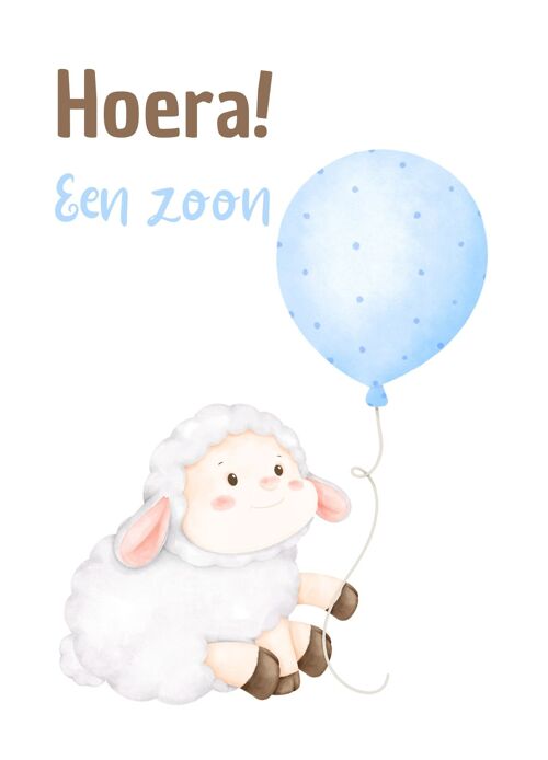 Postcard - Hooray! A son - Sheep with balloon - Birth of boy