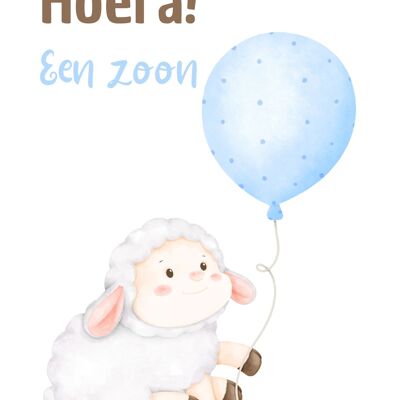 Postkarte - Hurra! Ein Sohn - Schaf mit Luftballon - Geburt eines Jungen