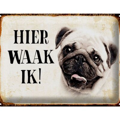 Targa in metallo con scritta "Dutch Here Waak ik Pug" 40x30 cm. Targa decorativa