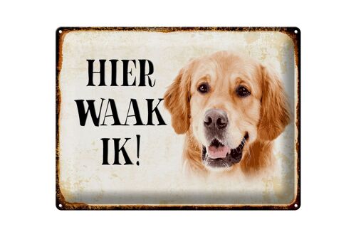 Blechschild Spruch 40x30 cm holländisch Hier Waak ik Golden Retriever Schild