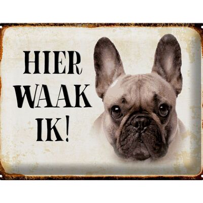 Blechschild Spruch 40x30 cm holländisch Hier Waak ik Französische Bulldogge