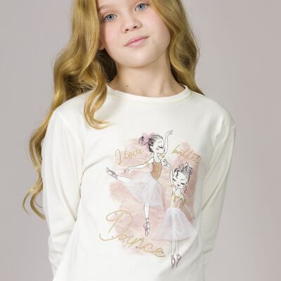 T-shirt bambina stampa danza ecrù Rif: 83319