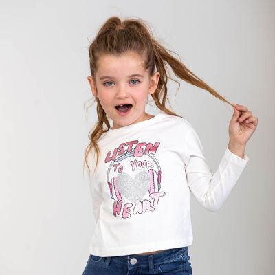 T-shirt bambina stampa cuore ecrù Rif: 83715