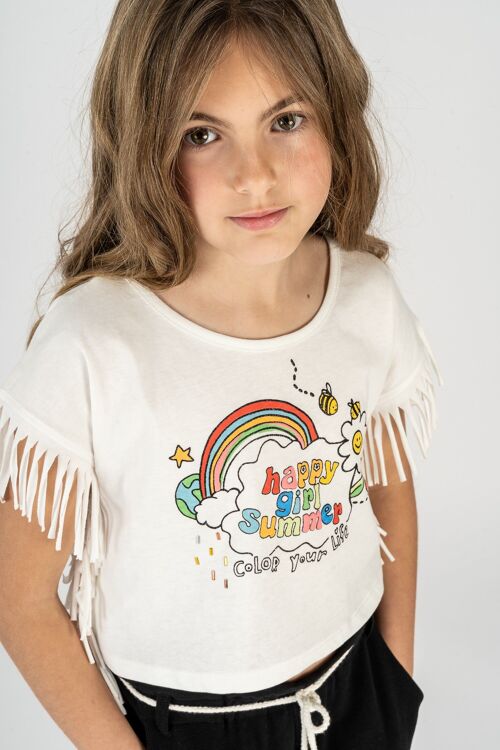 White girl's t-shirt with fringe detail Ref: 84345