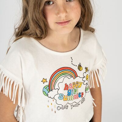 T-shirt bianca da bambina con dettaglio di frange Rif: 84345