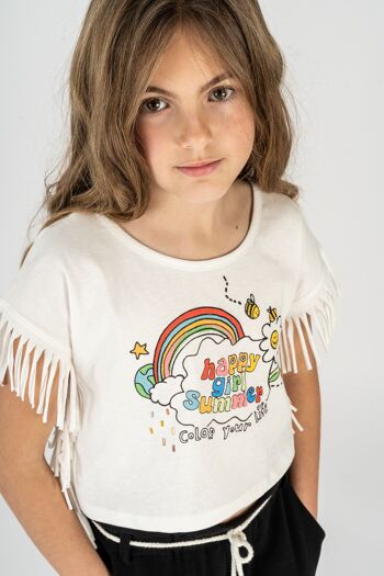 T-shirt fille blanc avec détail franges Réf : 84345 1