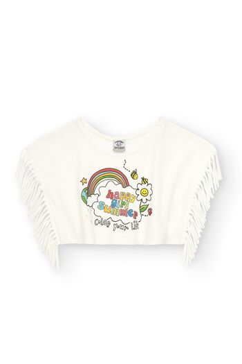 T-shirt fille blanc avec détail franges Réf : 84345 2