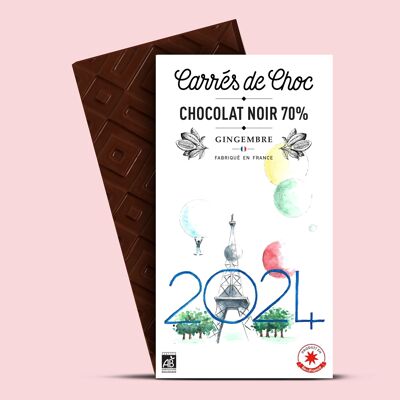 Tavoletta di cioccolato 80g PARIS 2024 Quadrato di cioccolato fondente biologico 70% Miscela Repubblica Dominicana, Perù e cristalli di zenzero