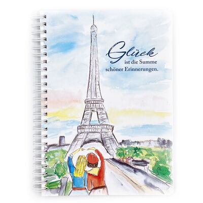 Quaderno con scritta e immagine ad acquerello delle città: Parigi, Londra, New York, Amburgo, Kiel, formato A6, A5, A4