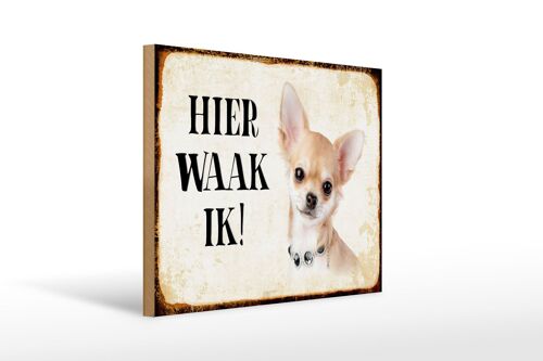 Holzschild Spruch 40x30 cm holländisch Hier Waak ik Chihuahua mit Kette Schild