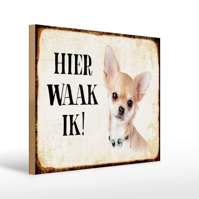 Holzschild Spruch 40x30 cm holländisch Hier Waak ik Chihuahua mit Kette Schild