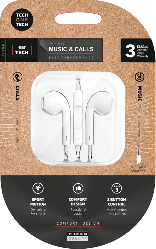 Auriculares earTECH white intraural,con. mini-jack