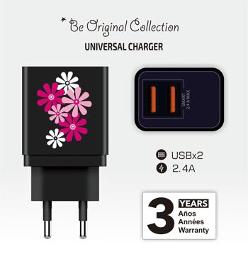 Chargeur électrique fleur noire, 2x USB, 2,4A 2