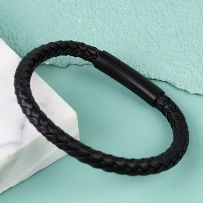 Bracelet pour homme en cuir noir avec fermoir noir mat - Grand