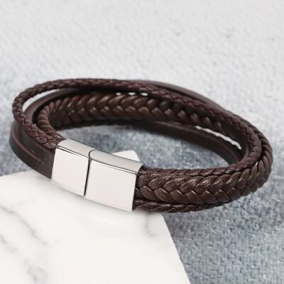 Pulsera de hombre con correas de cuero en capas en marrón - L