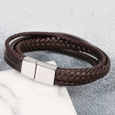 Men's Layered Leather Straps Bracelet in Brown - L