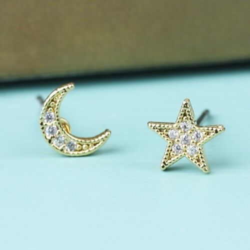 CZ Stone Moon and Star Gold Earrings