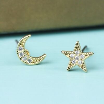 Pendientes CZ Stone Moon and Star Gold