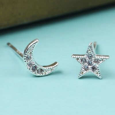 Pendientes CZ Stone Moon and Star Plata