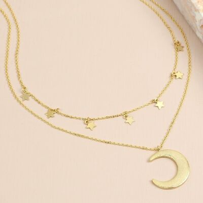 Doppellagige goldene Halskette mit Sternen und Mond