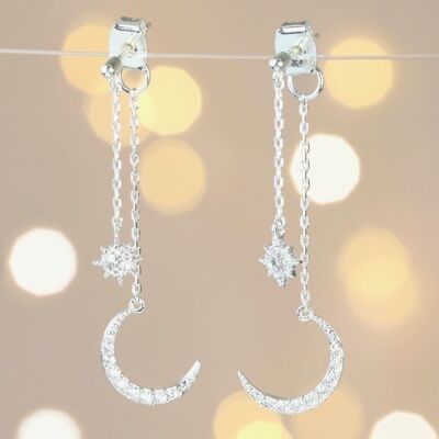 Sparkly Star and Moon Dangly Earrings In silver