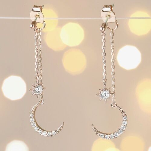 Sparkly Star and Moon Dangly Earrings In Rose Gold