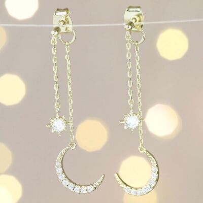 Boucles d'oreilles pendantes étoile et lune scintillantes en or