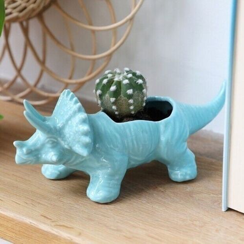 Teal Triceratops Dinosaur Planter