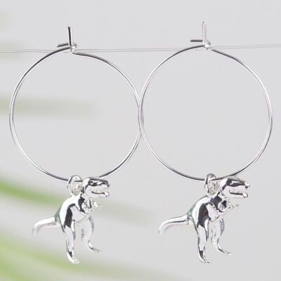 Silver T-Rex Dinosaur Hoop Earrings